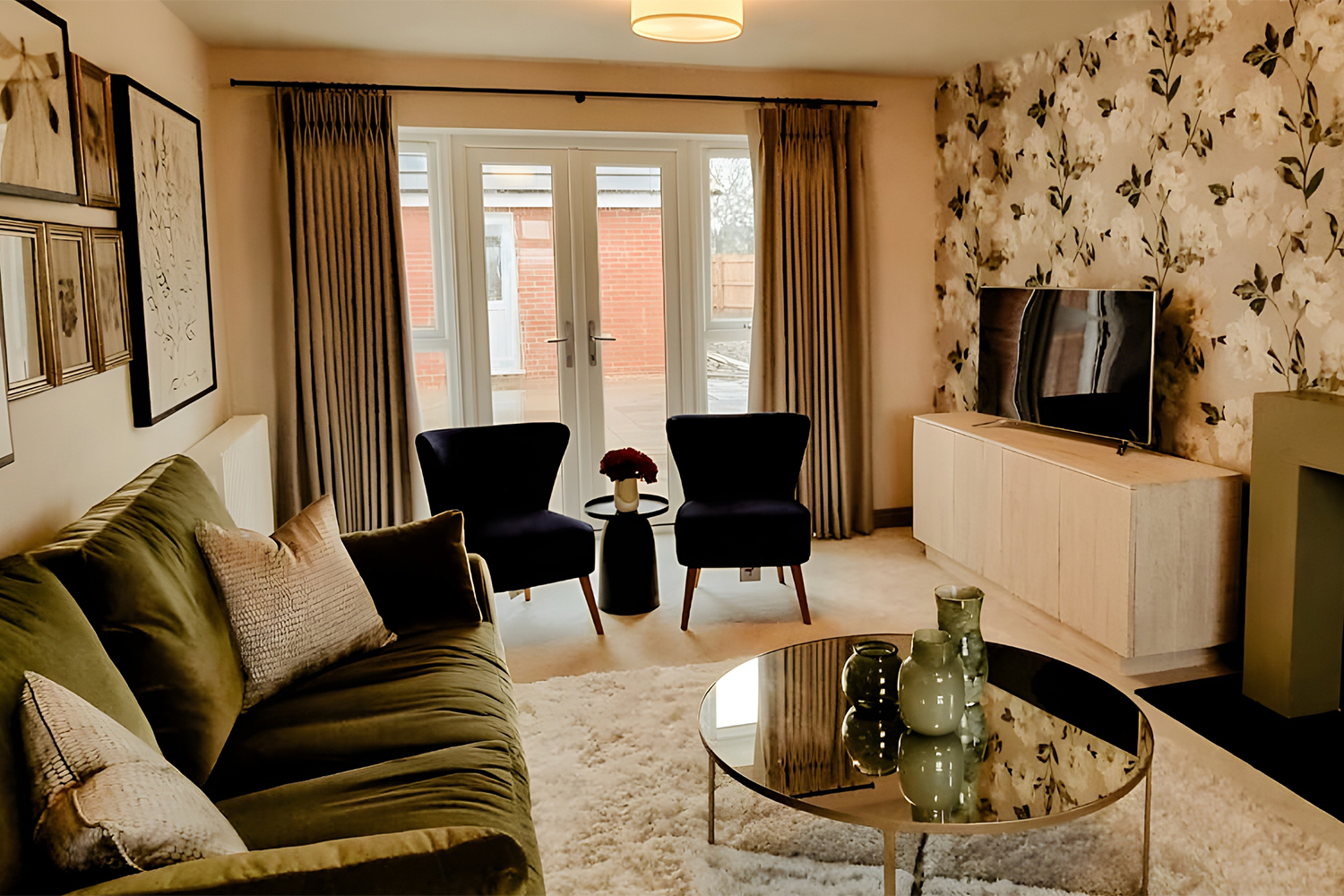 A spacious family lounge with green velvet sofas, floral feature wallpaper and large windows, styled for comfort and modern everyday living.