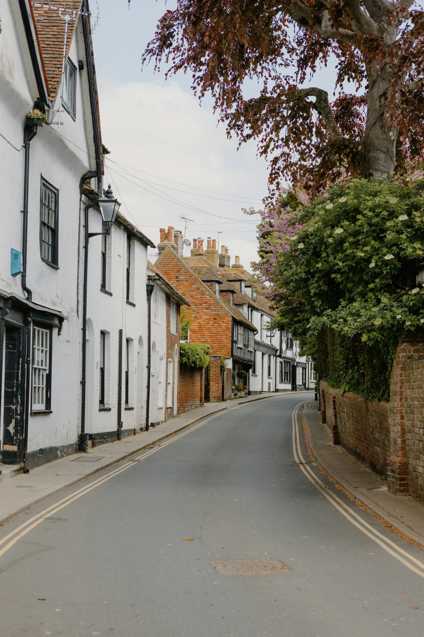 Charming village street lined with historic white and brick houses, overhanging trees, and a quiet winding road.
