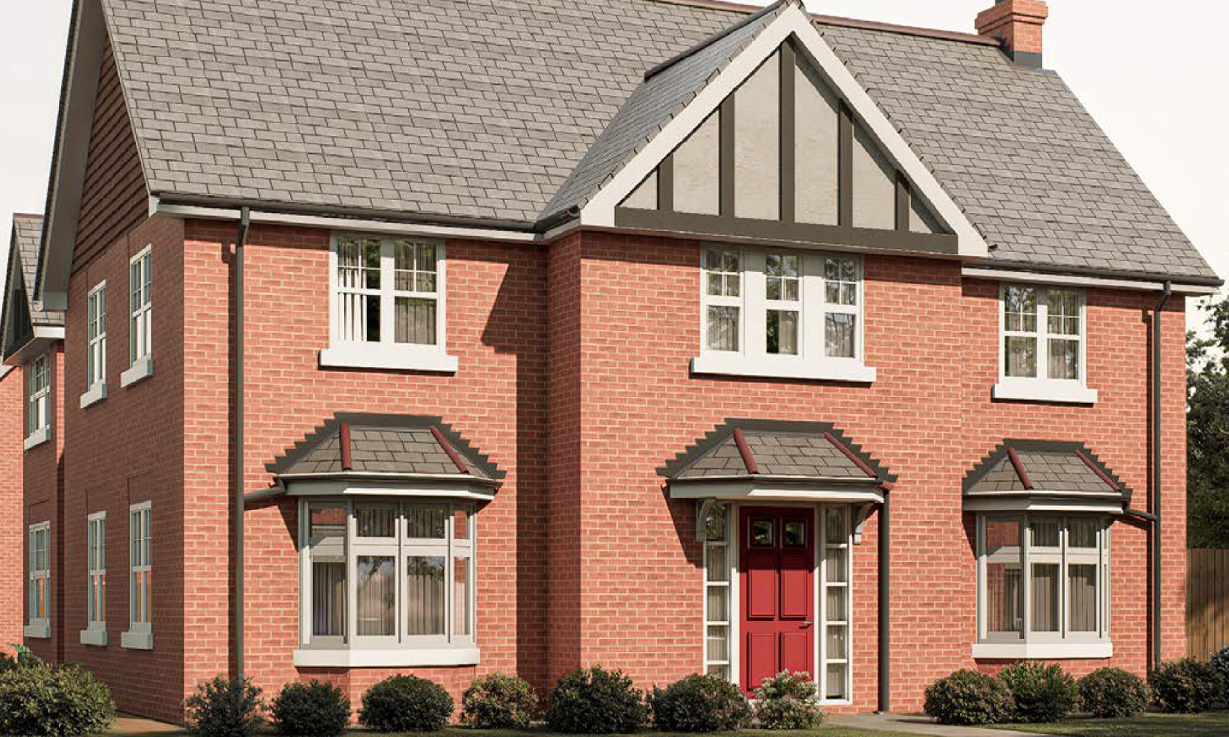 The Glenloaning — a striking detached family home with Tudor-inspired gable detailing, twin bay windows, and a red front door, showcasing Broadgate’s blend of heritage and modern design at Gleneagles Drive.
