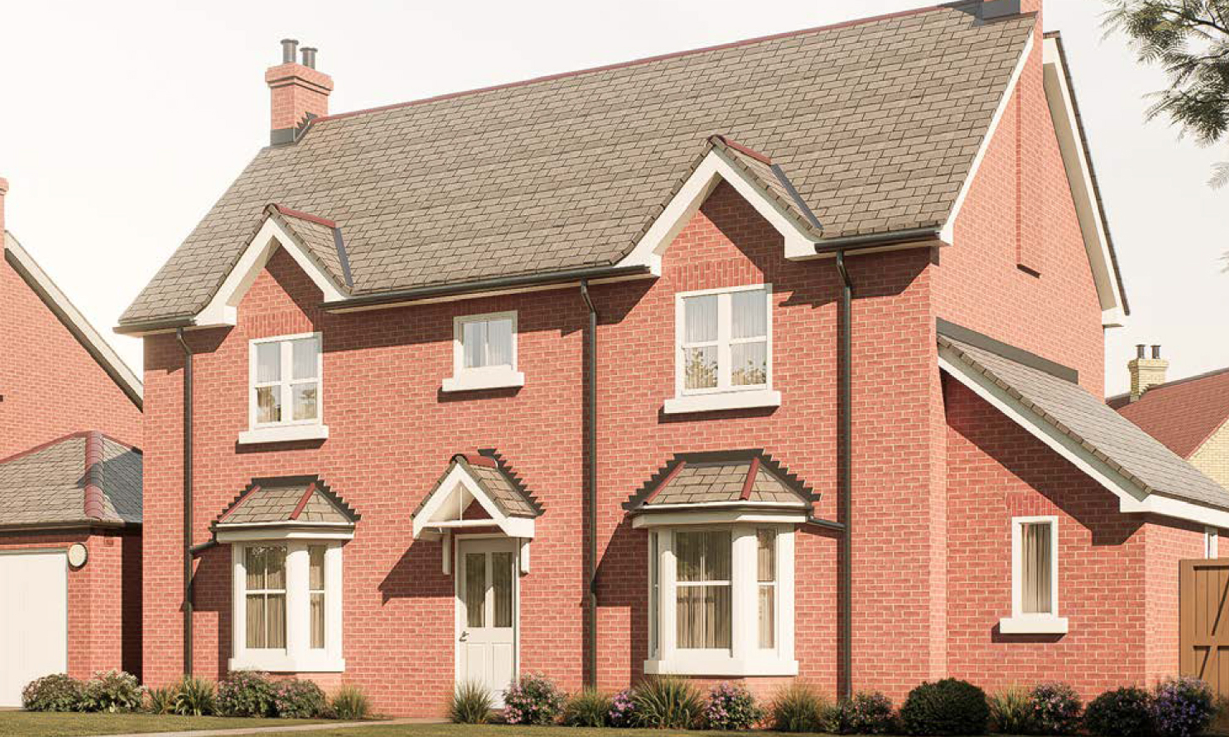 The Pitlochry — an elegant red-brick family home with twin bays, pitched slate roof and detailed porch styling, offering spacious living at Gleneagles Drive.