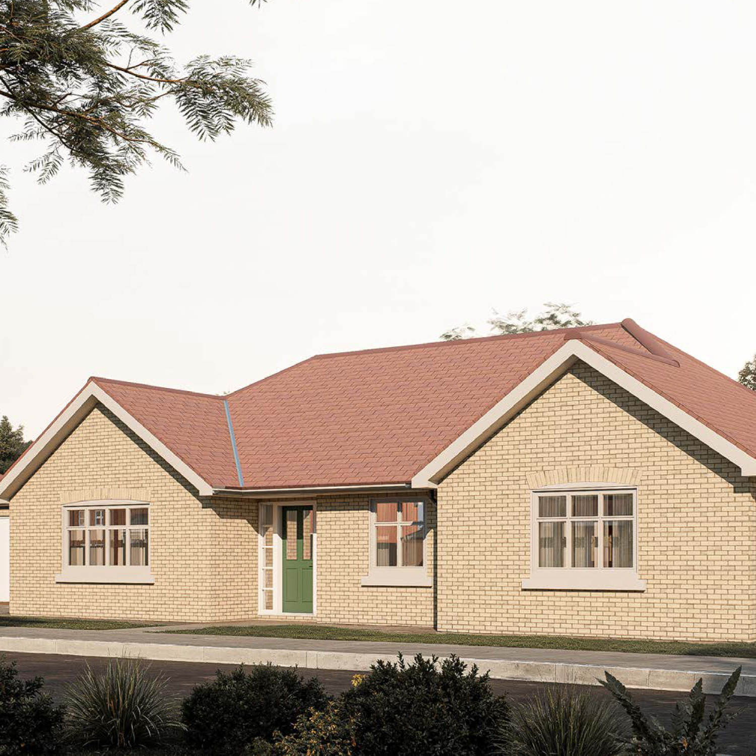 The Blairgowrie — a spacious detached bungalow finished in soft brick with a green front door and red tiled roof, combining traditional charm with modern ease at Gleneagles Drive.