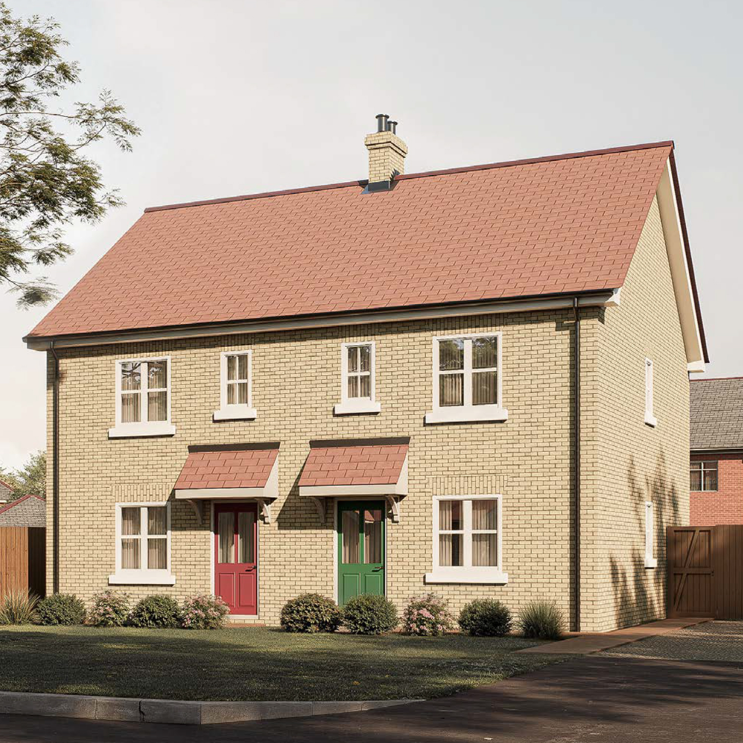 The Elcho — a classic semi-detached home with matching red and green doors, red tiled roof, and soft brick detailing, designed for practical, welcoming living at Gleneagles Drive.