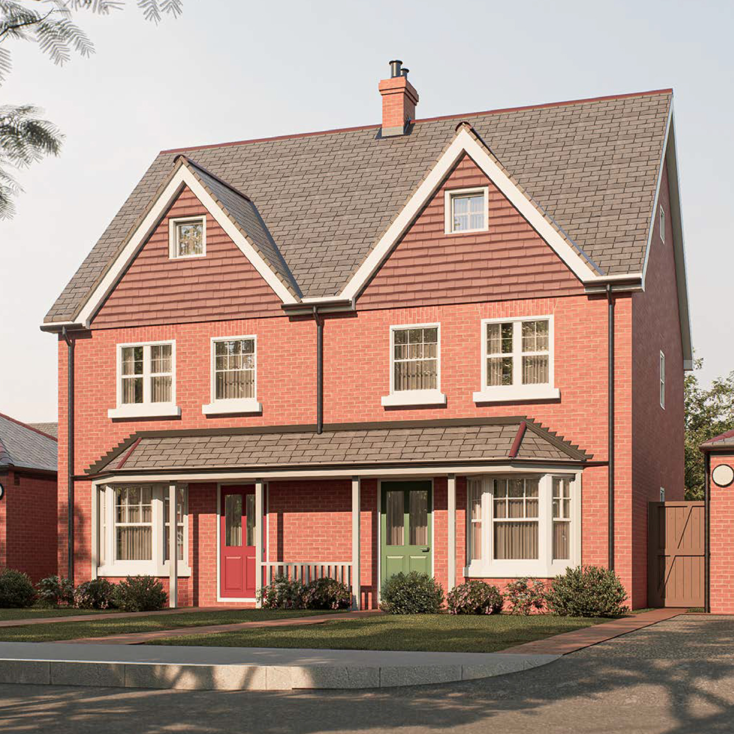The Errol — a red-brick semi-detached home with dual gables, slate roof, and characterful porches, combining heritage-inspired architecture with modern craftsmanship at Gleneagles Drive.