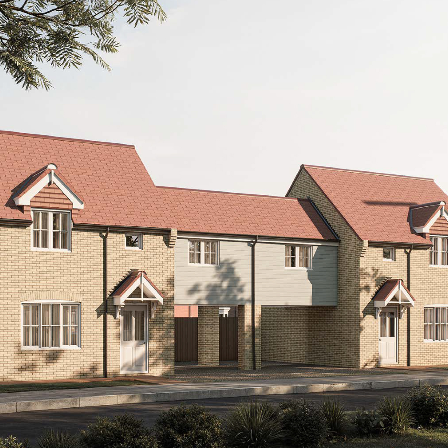 The Glenfarg — a charming soft-brick home with red tiled roof and white-framed windows, featuring a distinctive coach house archway — designed with balance and character at Gleneagles Drive.