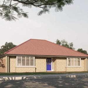 The Luncarty — a soft-brick bungalow with a red tiled hipped roof and bold blue front door, designed for easy, single-storey living in the Gleneagles Drive community.
