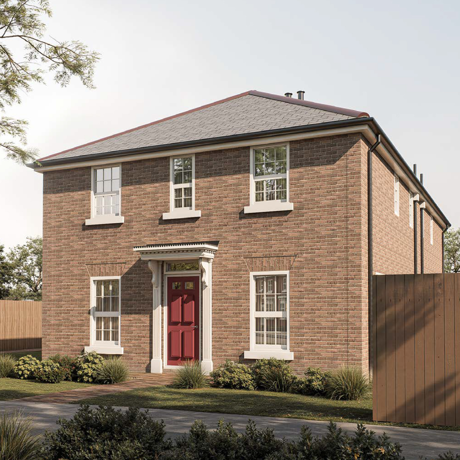 The Newburgh — a traditional double-fronted home with warm brick tones, sash-style windows and a deep red front door, blending character and modern comfort at Gleneagles Drive.