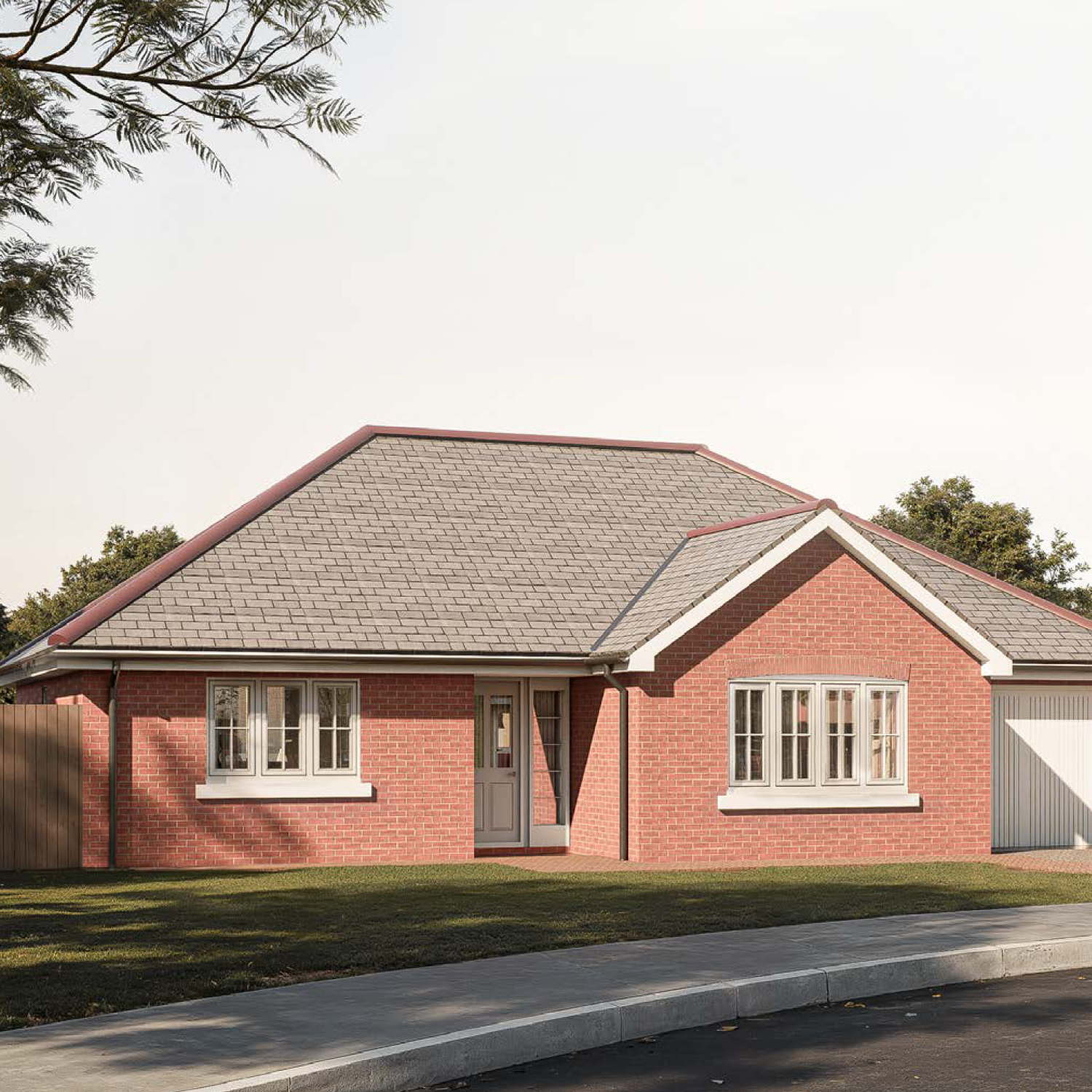 The Strathtay — a spacious red-brick bungalow with a slate-style roof, large windows and attached garage, providing comfortable single-level home living at Gleneagles Drive.