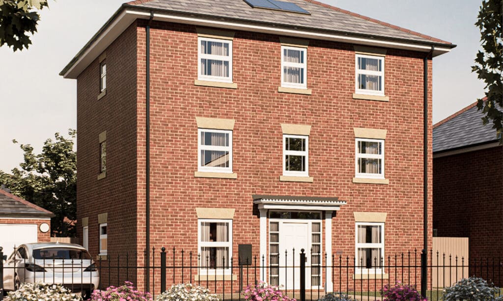 The Dunkeld — a traditional three-storey red-brick home with white-framed windows, landscaped front garden, and elegant detailing, blending timeless design with modern energy-efficient features at The Furlongs, Holland Park.