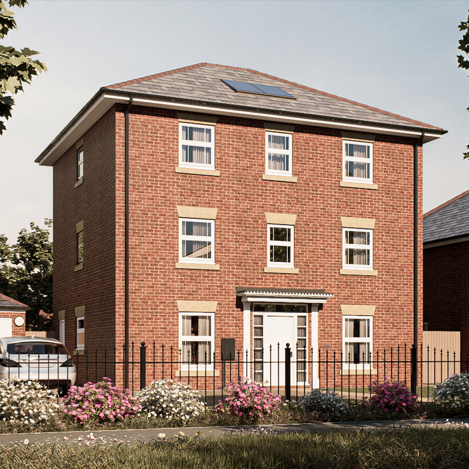 The Dunkeld — a traditional three-storey red-brick home with white-framed windows, landscaped front garden, and elegant detailing, blending timeless design with modern energy-efficient features at The Furlongs, Holland Park.