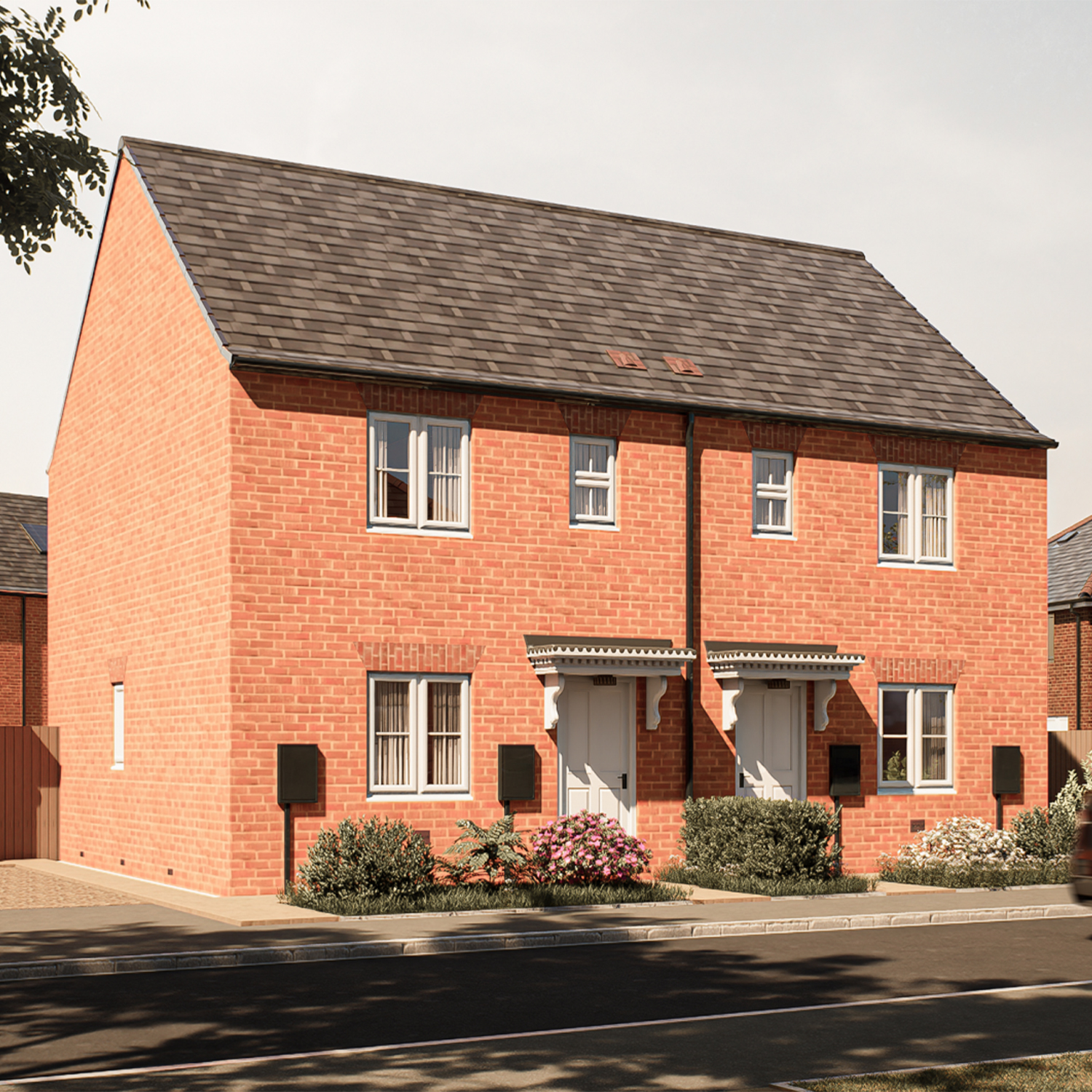 The Elcho — a pair of classic red-brick semi-detached homes with pitched slate roofs and neat front gardens, offering a balance of style, comfort, and practicality at The Furlongs, Holland Park.