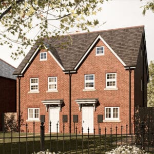 The Errol — a charming red-brick semi-detached home with traditional gabled roofs and characterful white-framed windows, designed for relaxed, modern living at The Furlongs, Holland Park.