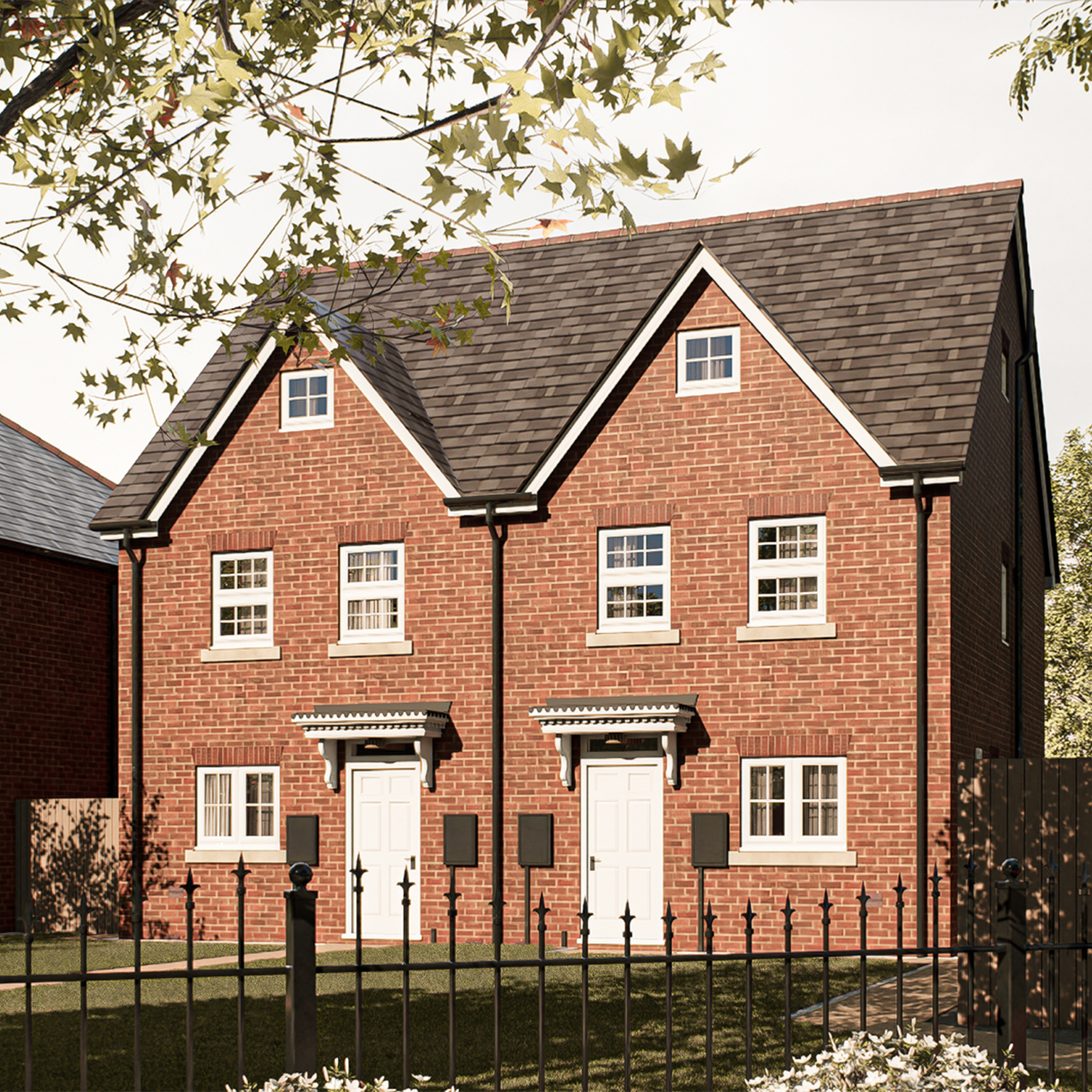 The Errol — a charming red-brick semi-detached home with traditional gabled roofs and characterful white-framed windows, designed for relaxed, modern living at The Furlongs, Holland Park.