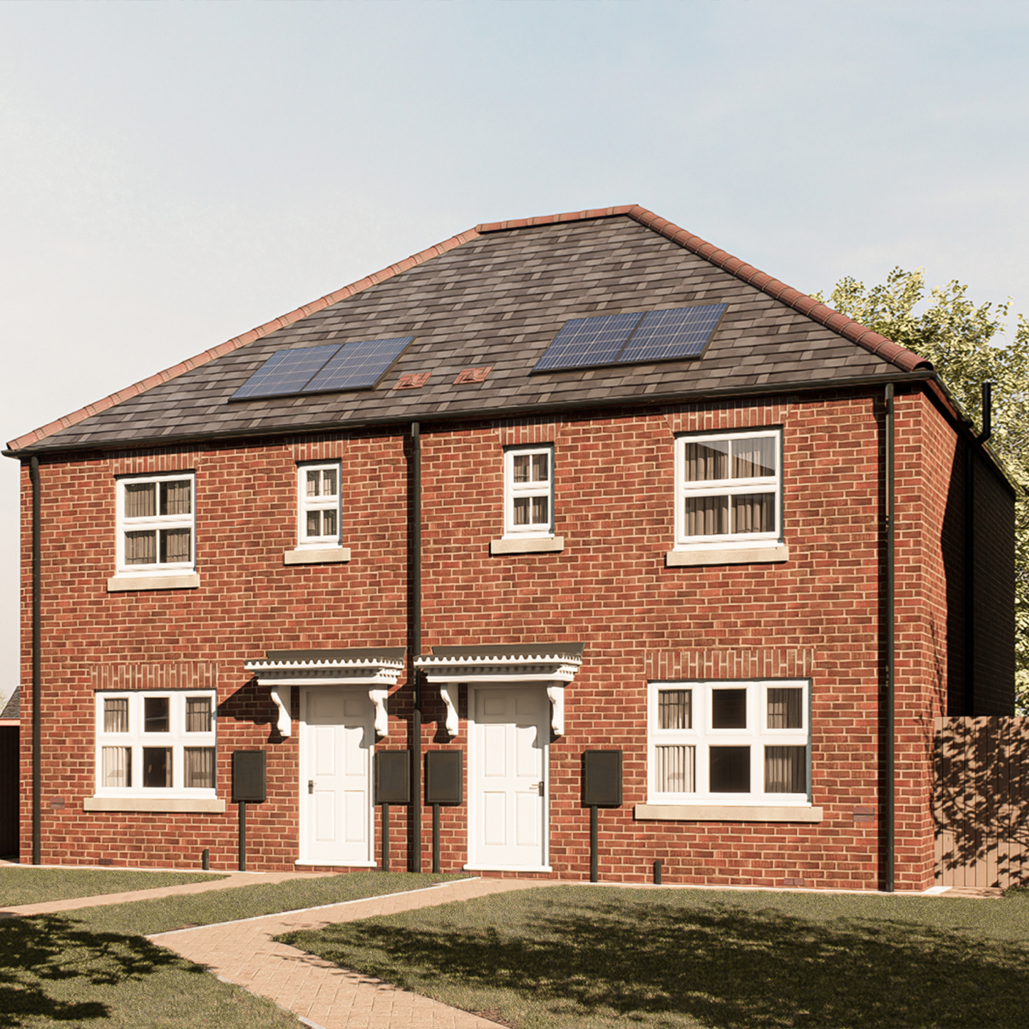 The Glencarse — an elegant red-brick semi-detached home featuring solar panels, landscaped gardens, and a welcoming façade, combining sustainability with Broadgate’s signature craftsmanship.