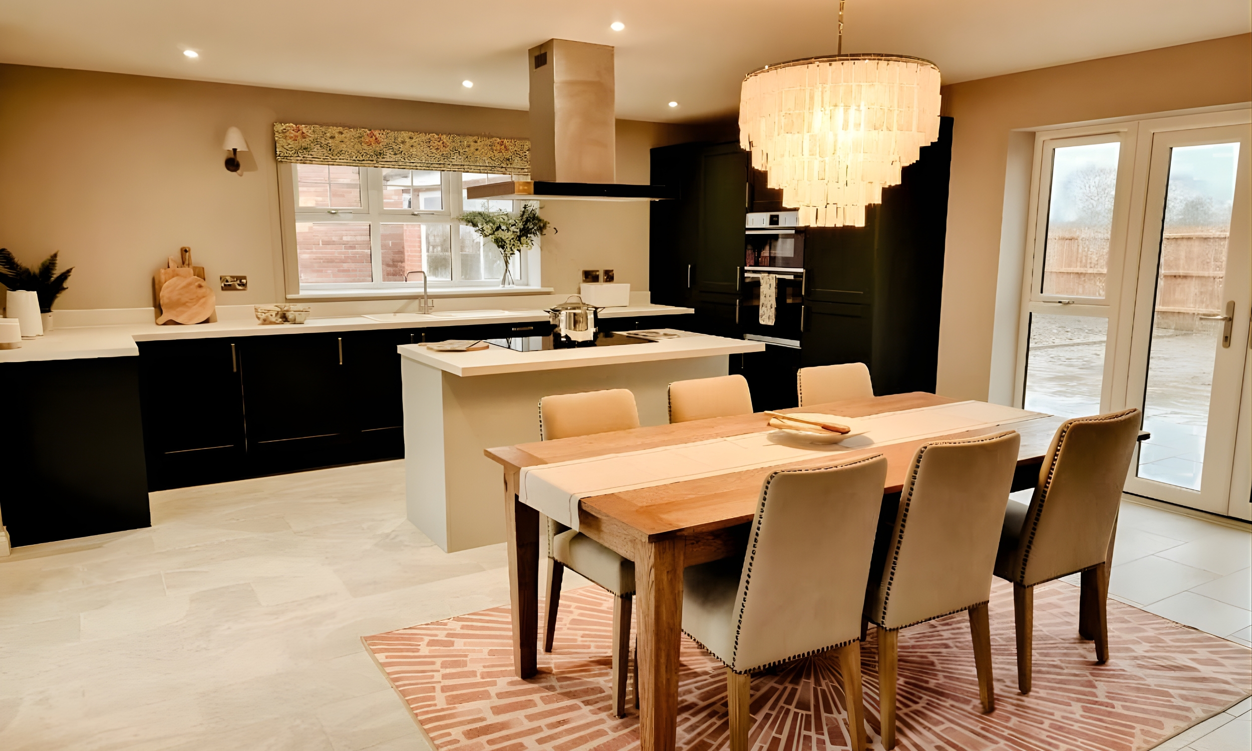 A beautifully designed kitchen-diner featuring dark cabinetry, a central island, and a statement chandelier above a wooden dining table - a warm, sociable space for everyday living at The Furlongs, Holland Park.