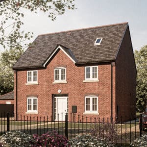The London — a handsome double-fronted detached home with a gabled roof, white entrance door, and enclosed front garden, reflecting Broadgate’s timeless architectural quality.