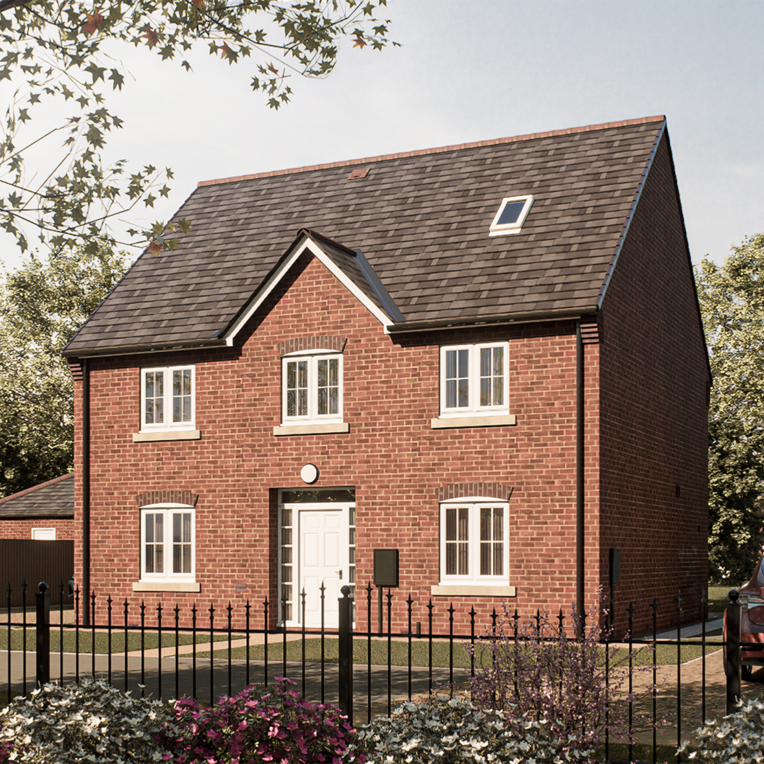 The London — a handsome double-fronted detached home with a gabled roof, white entrance door, and enclosed front garden, reflecting Broadgate’s timeless architectural quality.