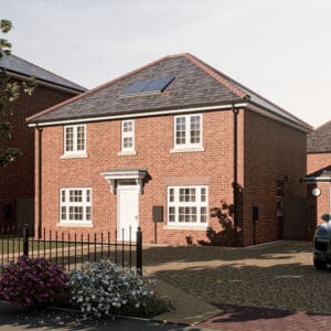 The Strathearn — a well-proportioned detached home with red-brick elevations, symmetrical windows, and solar panels, showcasing Broadgate’s thoughtful blend of tradition and innovation.