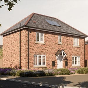 The Tay — a contemporary detached home with red-brick façade, pitched slate roof, and neat landscaped frontage, combining classic charm with modern sustainability at The Furlongs, Holland Park.