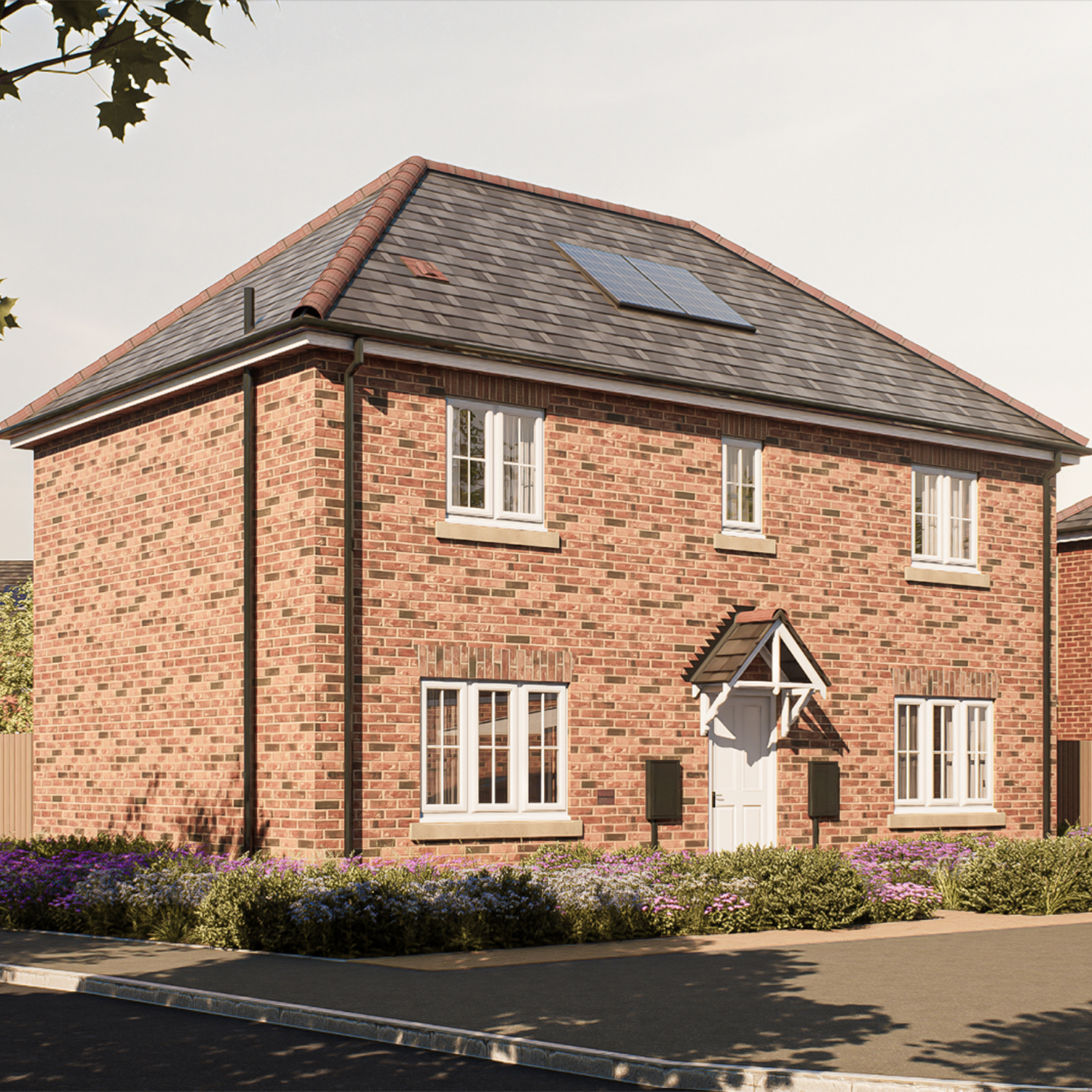 The Tay — a contemporary detached home with red-brick façade, pitched slate roof, and neat landscaped frontage, combining classic charm with modern sustainability at The Furlongs, Holland Park.
