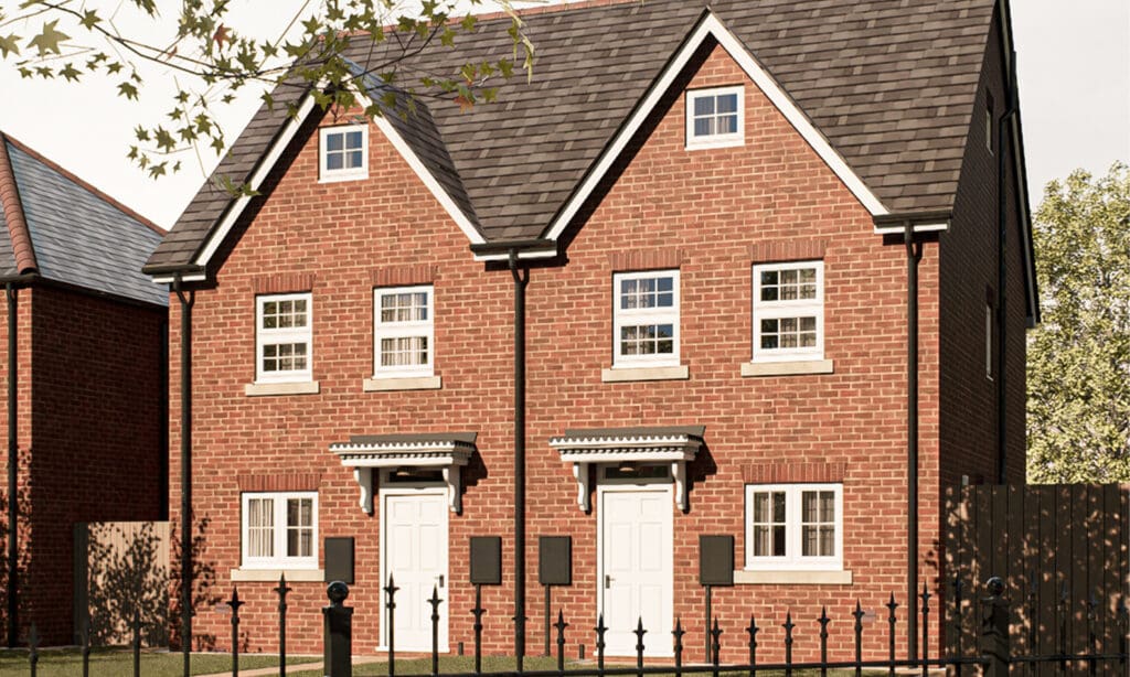 The Errol — a charming red-brick semi-detached home with traditional gabled roofs and characterful white-framed windows, designed for relaxed, modern living at The Furlongs, Holland Park.