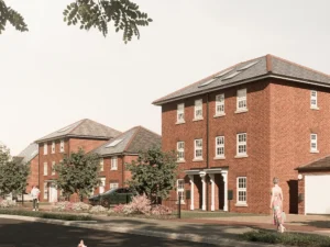 CGI of three-storey red-brick homes with grey slate roofs, solar panels, and landscaped front gardens, with people walking along the pavement.