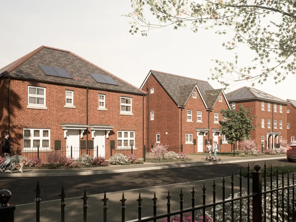 CGI of a row of new-build red-brick houses with landscaped planting, solar panels, and people walking along the street and pavement.