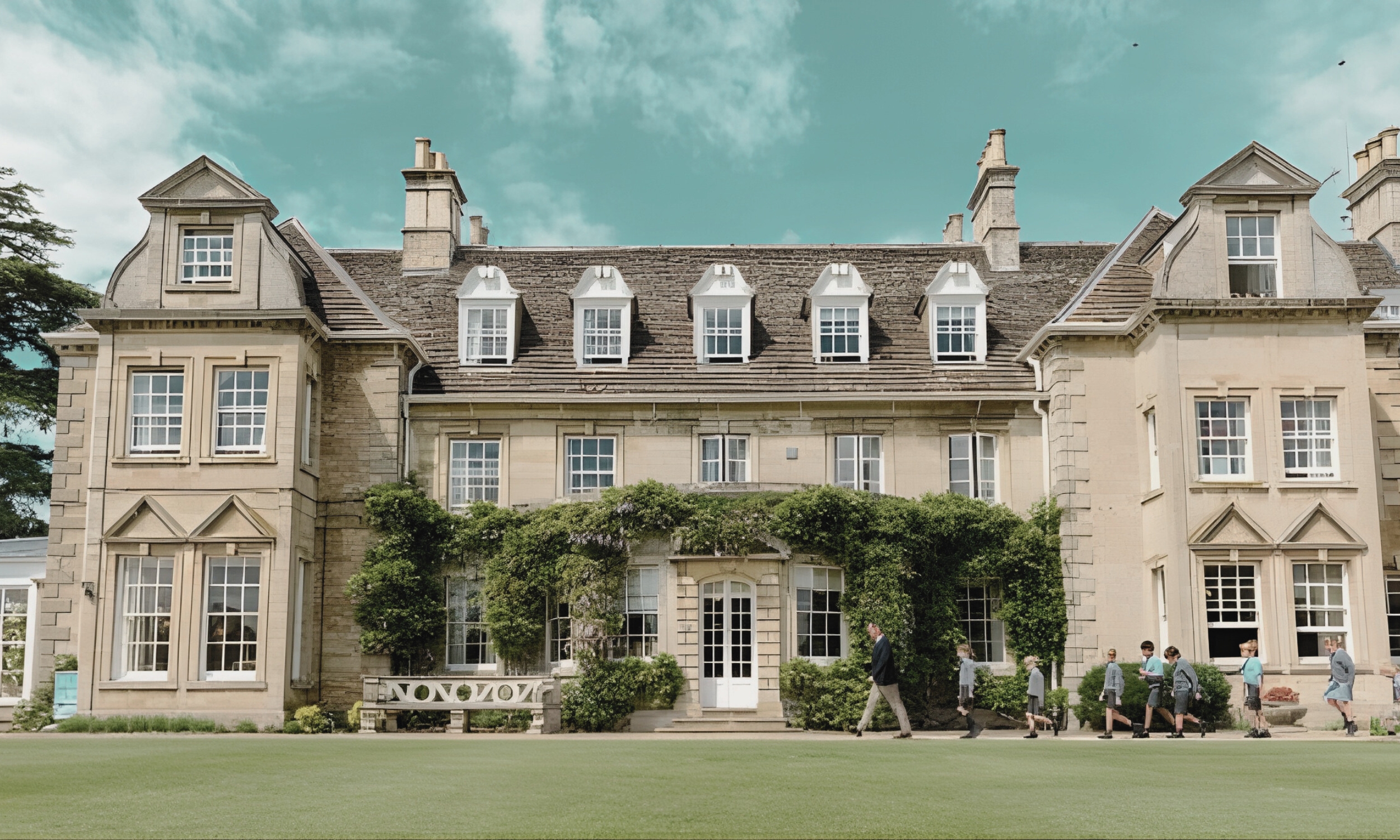 The Edwardian-style Stixwould Road school building in Woodhall Spa, with ivy-clad stone architecture and children walking across the grounds, showcasing strong local education options.