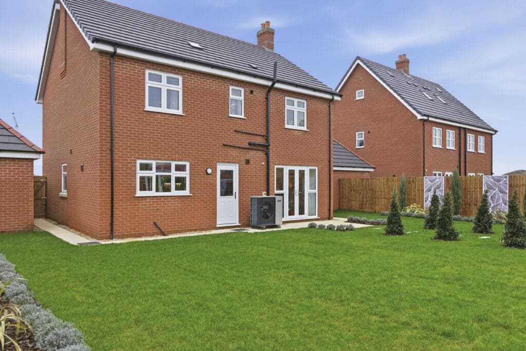 Air Source heats pump shown to the rear of the new build property at Gleneagles Drive, Wwoodhall Spa