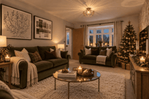 Cosy lounge interior with Christmas decorations at Gleneagles Drive, Woodhall Spa by Broadgate Homes