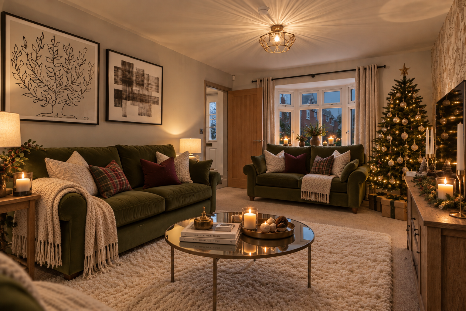 Cosy lounge interior with Christmas decorations at Gleneagles Drive, Woodhall Spa by Broadgate Homes
