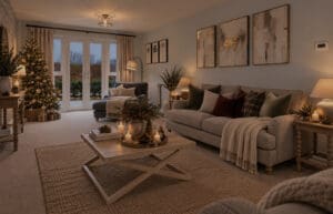 Internal shot of a festive lounge at The Furlongs at Holland Park, Spalding by Broadgate Homes